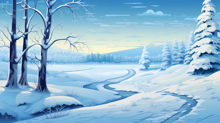 Winter landscape with river, forest and blue sky. Vector illustration.の素材