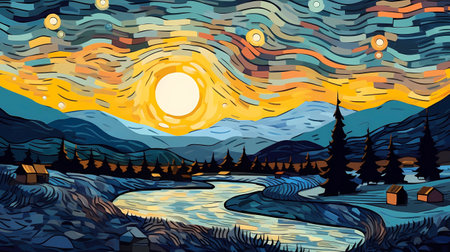 Night landscape with river, mountains, forest and sun. Vector illustrationの素材