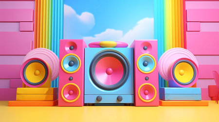 3d illustration of colorful speaker system in the room with rainbow backgroundの素材
