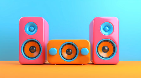 3d render of three colorful speakers on orange and blue background.の素材