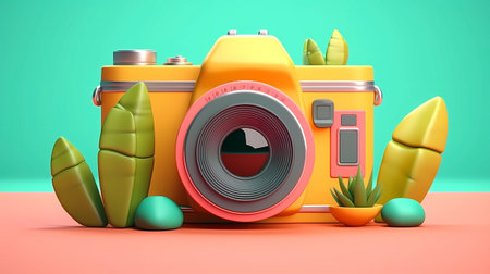 3d rendering of camera and cactus on pastel color backgroundの素材