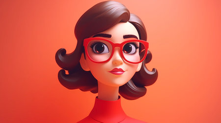 3d rendering of a female doll wearing red glasses on a red backgroundの素材