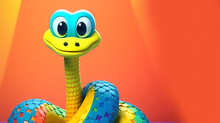 Cute cartoon snake on colorful background. 3d illustration. 3D rendering.の素材
