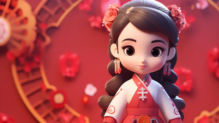 Kokeshi doll with chinese new year background. 3d renderingの素材