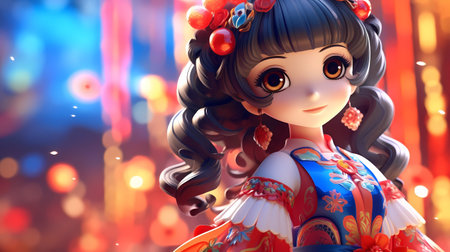 3D illustration of a Japanese girl in a kimono.の素材