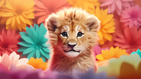 Cute lion with flowers on colorful background, valentines day conceptの素材
