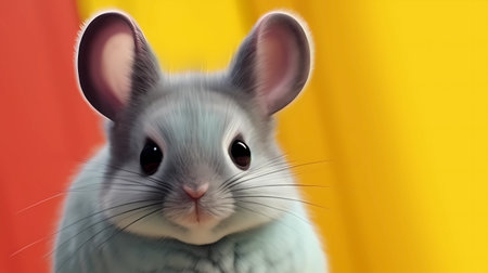 Cute little gray mouse on a yellow background. 3D renderingの素材
