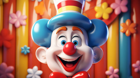 Clown with a red nose and a clown hat on a colorful backgroundの素材