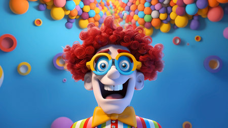Funny clown with colorful balloons on blue background. 3d illustrationの素材