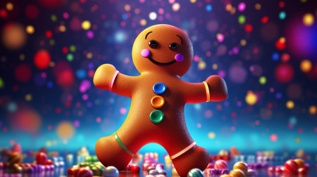 Gingerbread man with colorful bokeh background. 3d renderingの素材