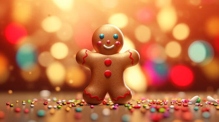 Christmas gingerbread man with colorful sprinkles on bokeh backgroundの素材