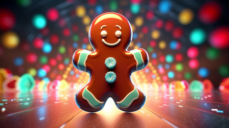 Gingerbread man in front of colorful lights. 3d illustrationの素材