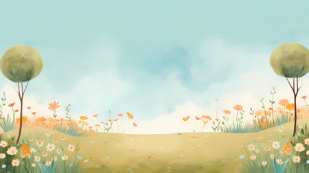 Summer landscape with meadow and trees. Watercolor vector illustration.の素材