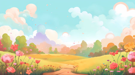 Summer landscape with meadow, clouds and flowers. Vector illustration.の素材