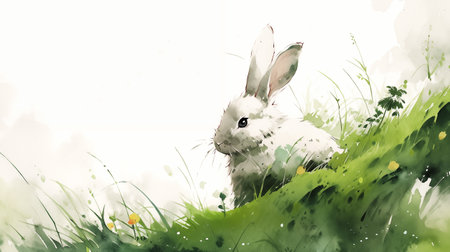 Digital painting of a white easter bunny in a meadow with flowersの素材