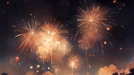 Fireworks of various colors and shapes on a dark sky background.の素材