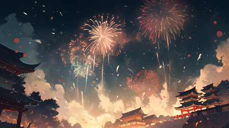 Colorful fireworks against pagoda and chinese temple in the skyの素材