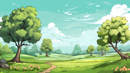 Nature scene with green trees and meadow in cartoon style illustration.の素材