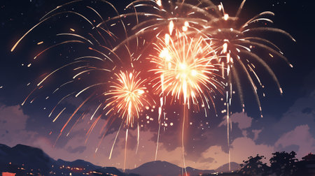 Colorful fireworks on dark sky background. Celebration and New Year conceptの素材