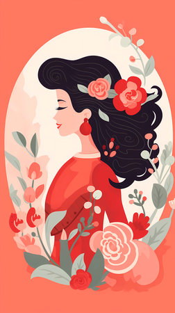 Vector illustration of a beautiful woman in a red dress with flowers.の素材