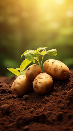 New growing potatoes in the soil. Fresh organic potatoes on the field.の素材