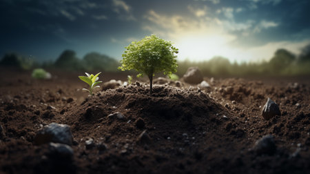 Plant seedlings growing on fertile soil at sunset. Earth day conceptの素材