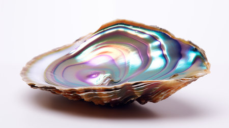 Close up of a seashell on a black background with reflection.の素材