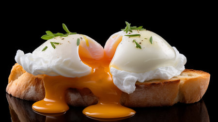 Poached eggs with hollandaise sauce on toast on black backgroundの素材