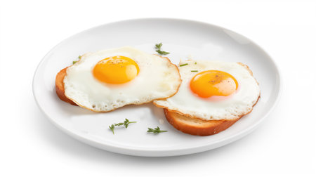 Fried eggs on toast with thyme isolated on white background.の素材