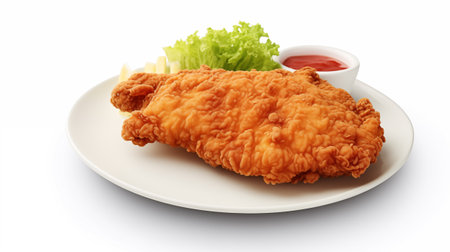 Crispy fried chicken with ketchup and lettuce on white backgroundの素材