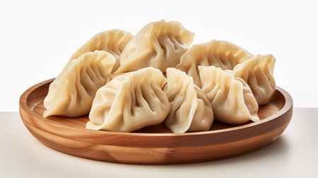steamed dumplings in wooden plate isolated on white background.の素材