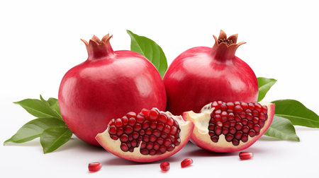 Pomegranate fruit with leaves isolated on white background.の素材