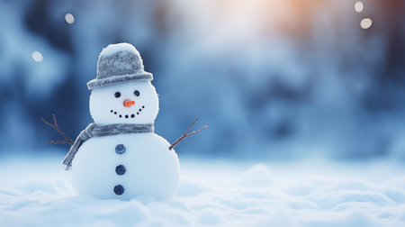 Snowman in winter forest. Christmas and New Year background with snowman.の素材