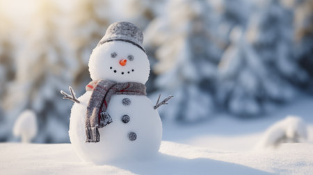 Snowman in winter forest. Christmas and New Year holidays background.の素材