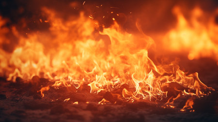 Fire flames on black background. Abstract background of fire flames with sparks.の素材