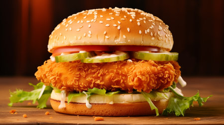 Big hamburger with cheese, lettuce, tomato and onion on wooden tableの素材