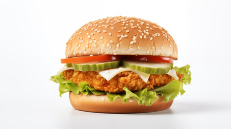 Big hamburger with chicken and vegetables isolated on white background, fast foodの素材