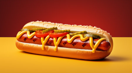Hot dog with mustard and ketchup on yellow and red background.の素材