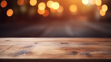 Wooden table in front of blurred background with bokeh lightsの素材