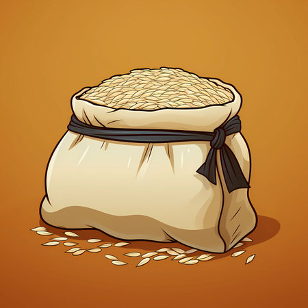 Illustration of a bag full of wheat grains on an orange backgroundの素材