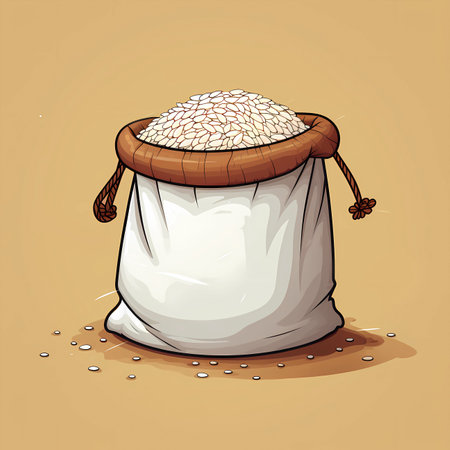 Illustration of rice in a bag on a beige background.の素材