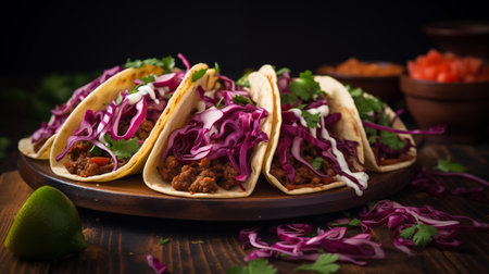 Traditional mexican tacos with beef and red cabbage on wooden backgroundの素材
