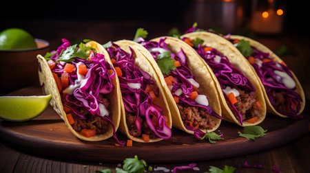 Traditional mexican tacos with coleslaw, red cabbage and cilantroの素材