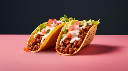 Mexican tacos with beef and vegetables on pink and black background.の素材
