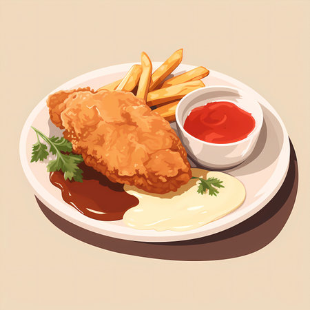 Illustration of fried chicken with french fries and sauce on a plateの素材