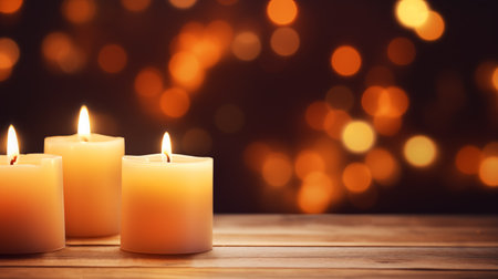 Burning candles on wooden table against blurred lights. Space for textの素材