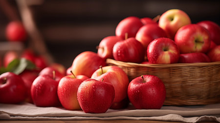 Ripe red apples in a basket on a wooden background, selective focusの素材