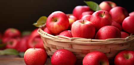 Fresh red apples in basket on wooden table, closeup. Healthy foodの素材