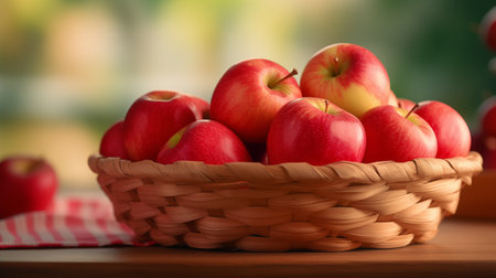 Basket with red apples on wooden table on natural background, closeupの素材