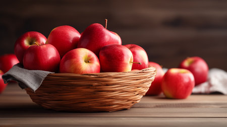 Basket with fresh red apples on wooden table, closeup viewの素材